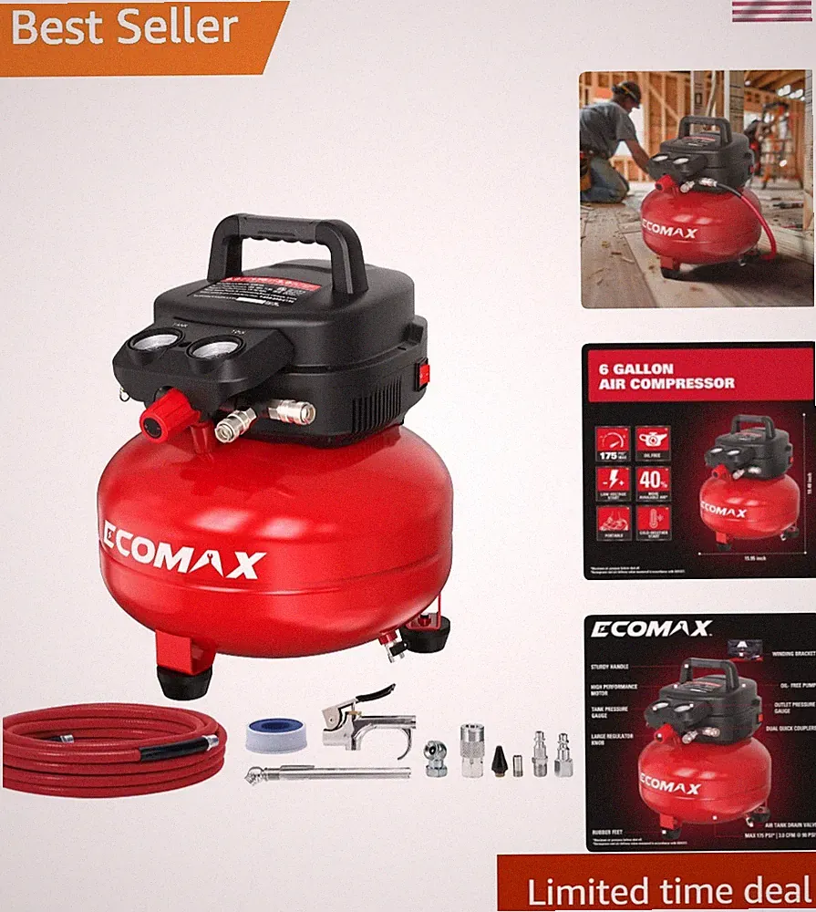 Ecomax Portable 6 Gallon Air Compressor – 175 PSI, Oil-Free with Accessory Kit