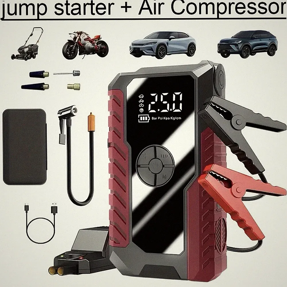 Jump Starter + Air Compressor 6 In 1 Portable, 6000A For 12V Gas And Diesel