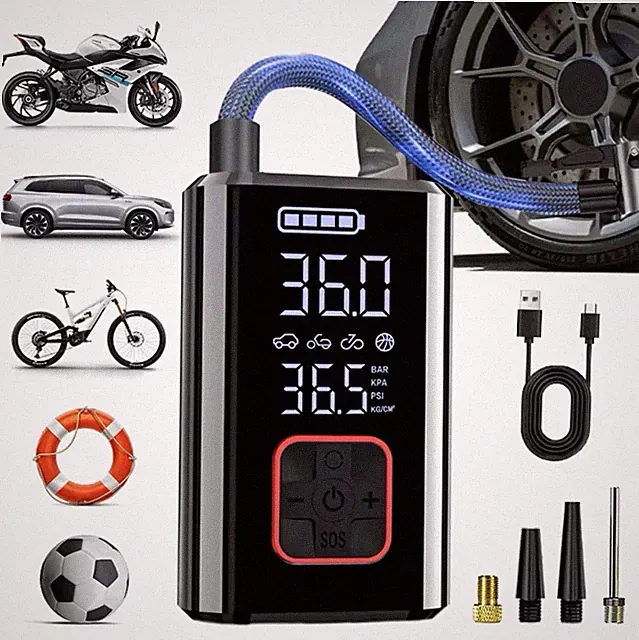 Portable Digital LCD Air Compressor, USB Charging, Oil-Free, Black Red