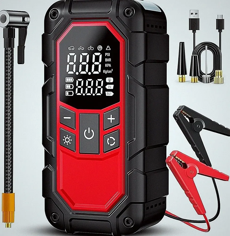 Portable Jump Starter with Air Compressor and 150PSI Tire Inflator, 12V Power