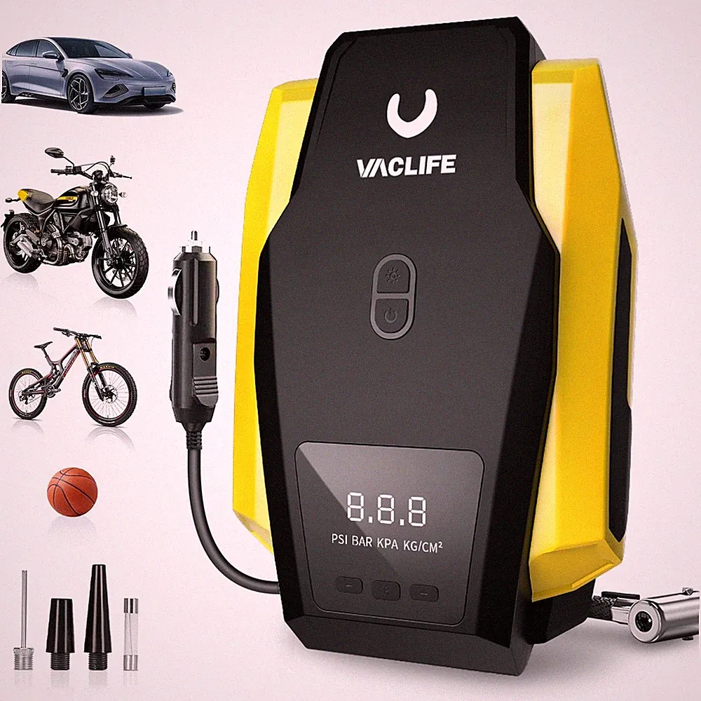 Vaclife Portable Tire Inflator Air Compressor DC 12V Pump LED Light Yellow
